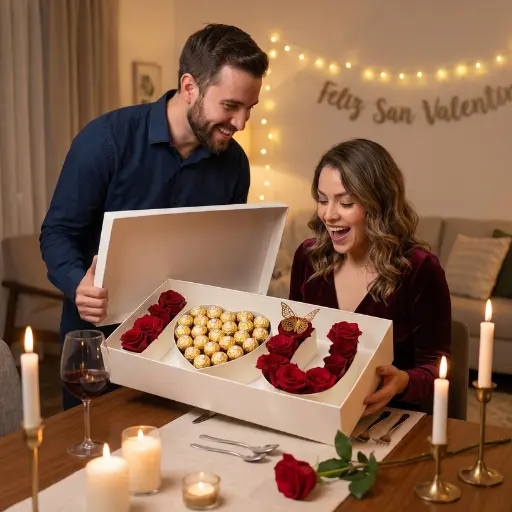 Caja i love you con rosas importadas y bombones rocher